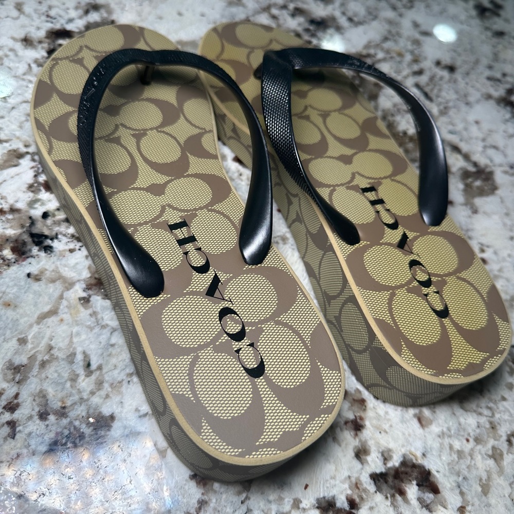 Coach Lynn Monogrammed Khaki and Black Flip Flops